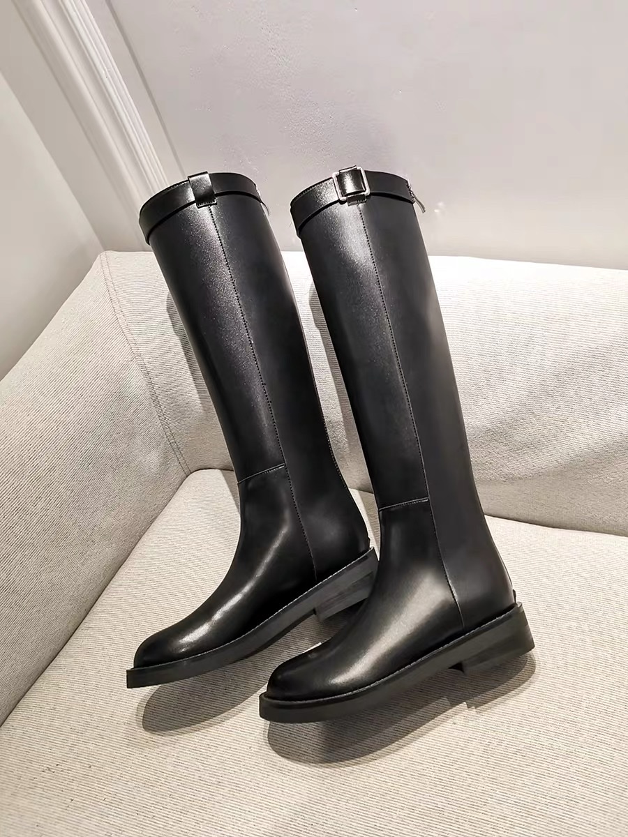 Genuine leather knight boots, belt buckle long boots, flat high boots, women's slimming boots, knee-length long boots Specification image