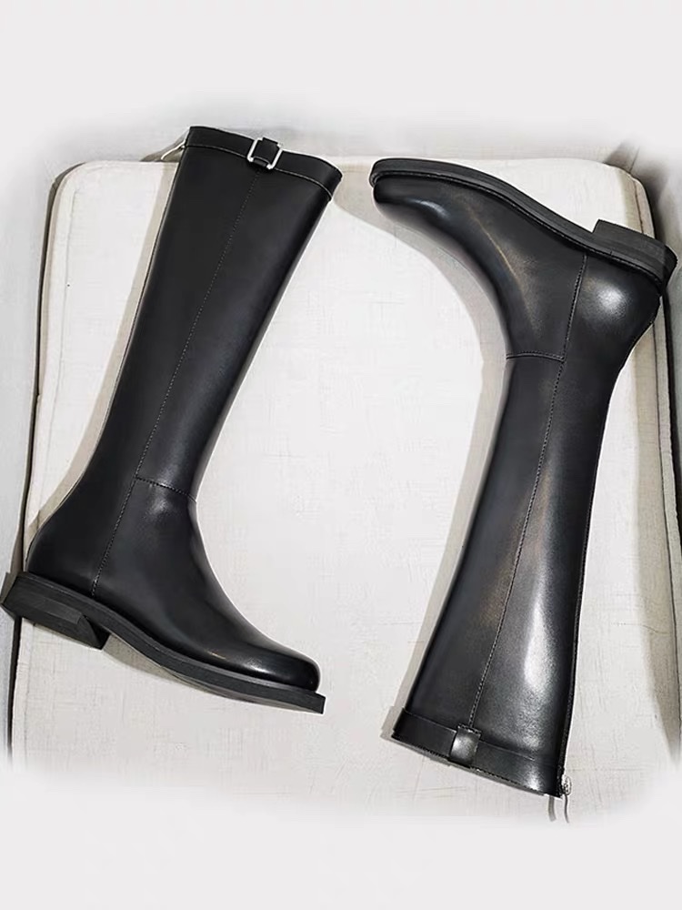 Genuine leather knight boots, belt buckle long boots, flat high boots, women's slimming boots, knee-length long boots details Picture