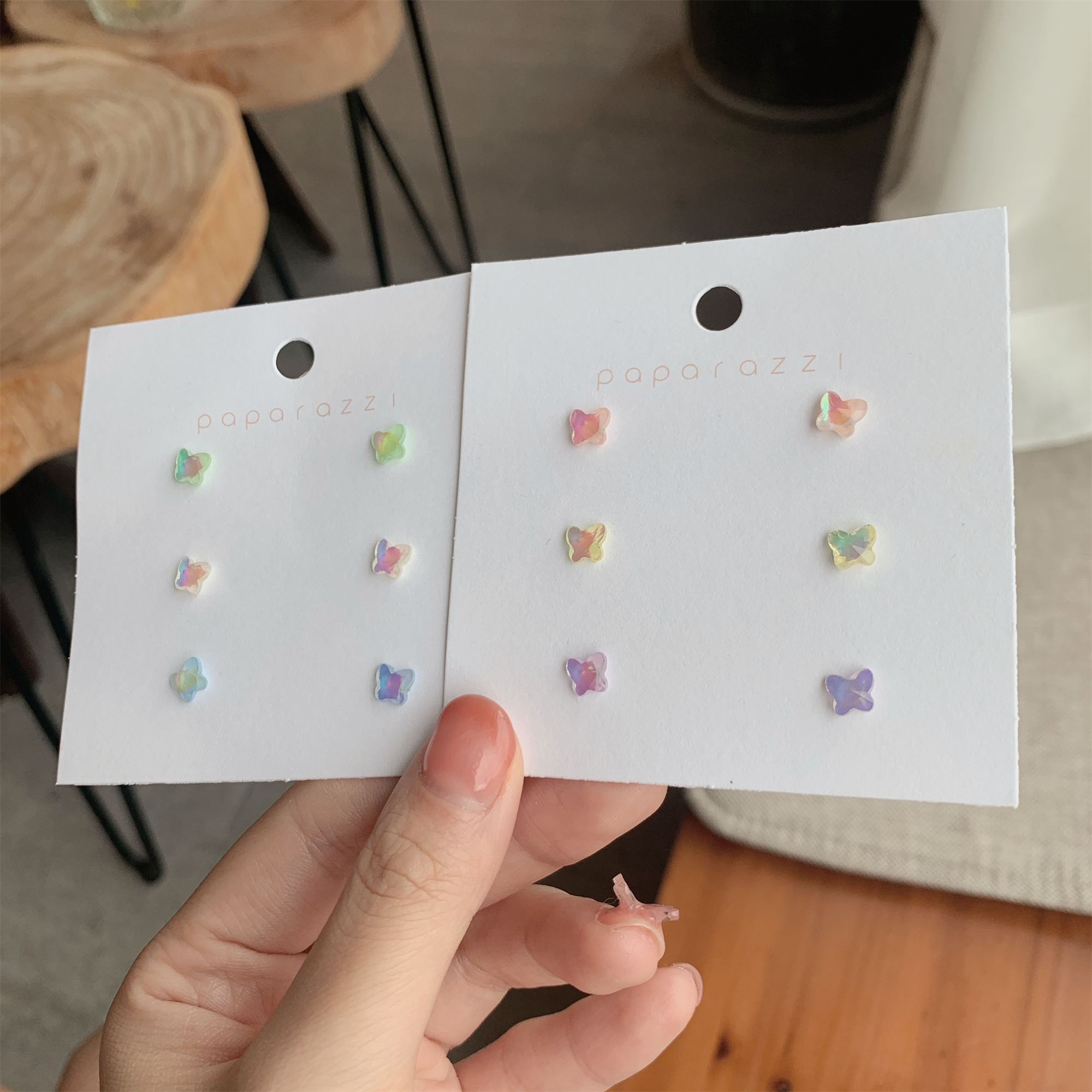 S925 sterling silver butterfly Stud three-piece set, Aurora color super shiny stud bone, simple design sense, colorful student earrings