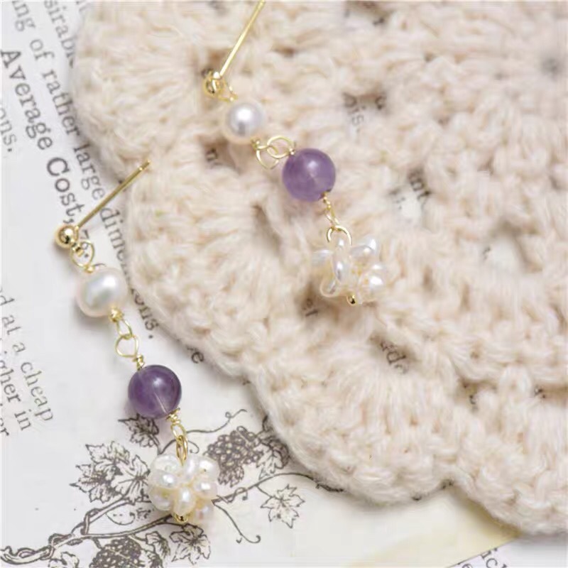 Pure hand-woven millet pearls with natural stone delicate earrings