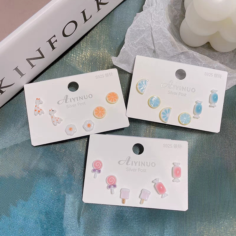 s925 Silver Needle Ceramic Stud Earrings, heart-shaped pearl Stud earrings, three-piece set, sweet and fresh student earrings