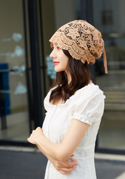 "Hat Girl Spring and Autumn Korean Lace Flower Headscarf Hat, fashionable, casual and versatile headscarf hat, bald hat, thin postpartum hat 006. detail image 1