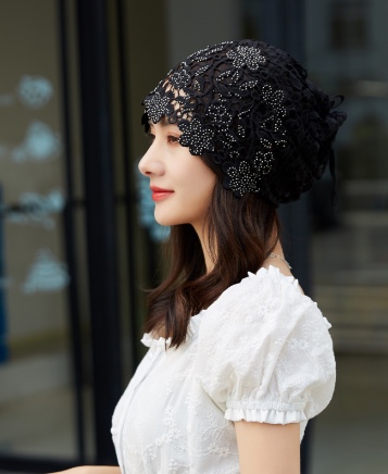 Hat Girl Spring and Autumn Korean Lace Flower Headscarf Hat, fashionable, casual and versatile headscarf hat, bald hat, thin postpartum hat 001 Specification image