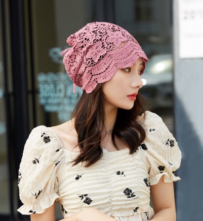 "Hat Girl Spring and Autumn Korean Lace Flower Headscarf Hat, fashionable, casual and versatile headscarf hat, bald hat, thin postpartum hat 006. detail image 4