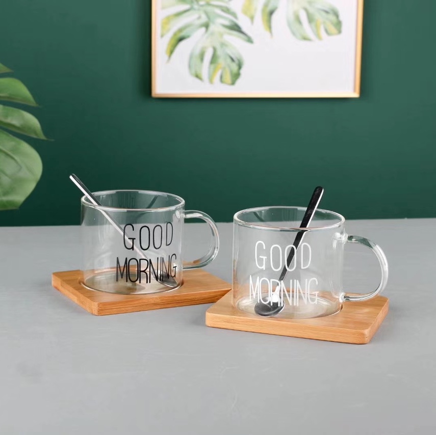 Taza de agua de madera de bambú hogar de alta borosilicato resistente al calor a prueba de explosiones de alta temperatura taza de vidrio plano taza ins con un mango taza de café