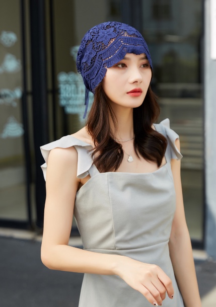 "Hat Girl Spring and Autumn Korean Lace Flower Headscarf Hat, fashionable, casual and versatile headscarf hat, bald hat, thin postpartum hat 006. details Picture