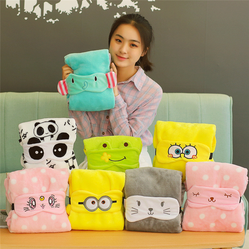 Nap blanket, cartoon eye mask, dual-purpose air-conditioned blanket, convenient for office storage, flannel travel blanket 80*100cm details Picture