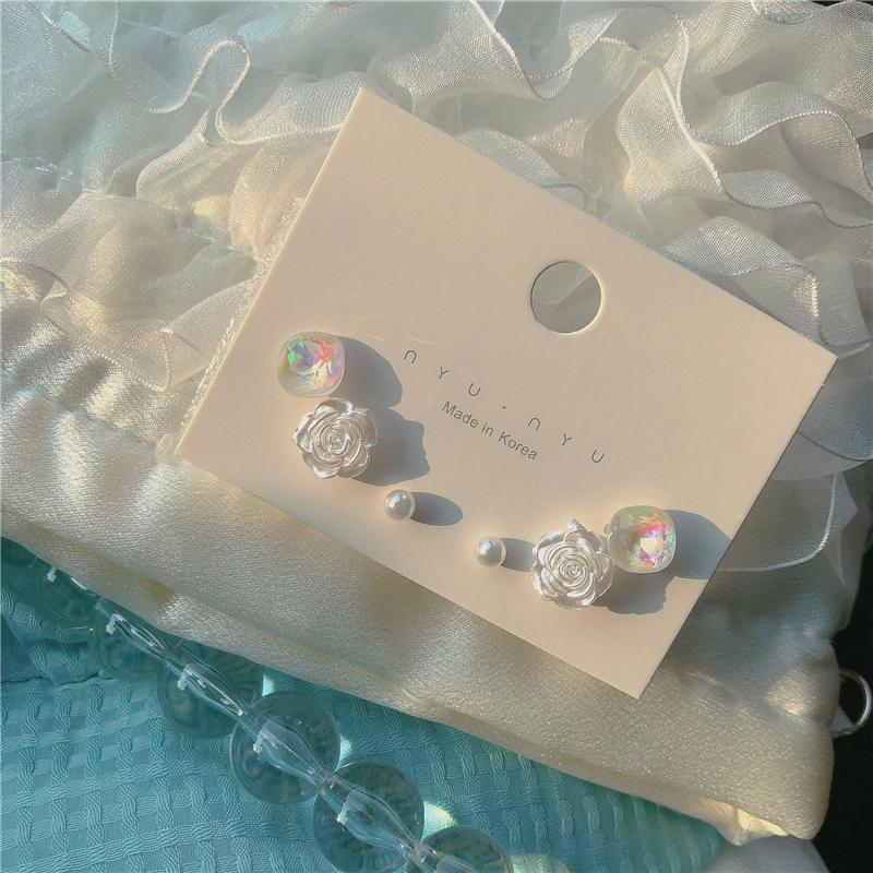 3 pairs of rose stud earrings ~ Set combination knitted earrings for women's sweetness 2021 New trendy pearl flower earrings