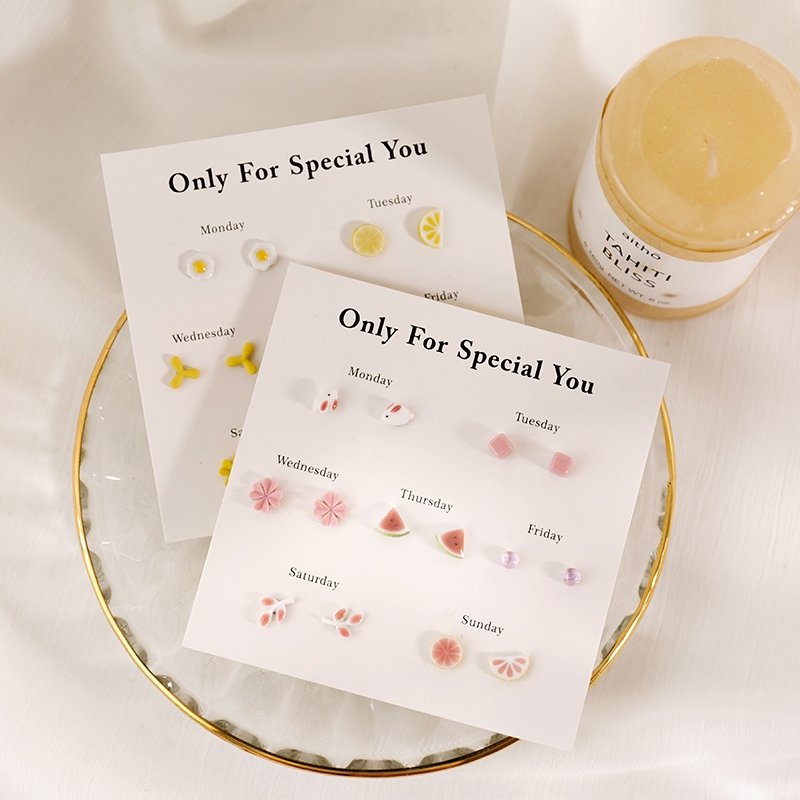 新款夏日糖果色陶瓷小耳钉简约迷你一周星期耳环组合女