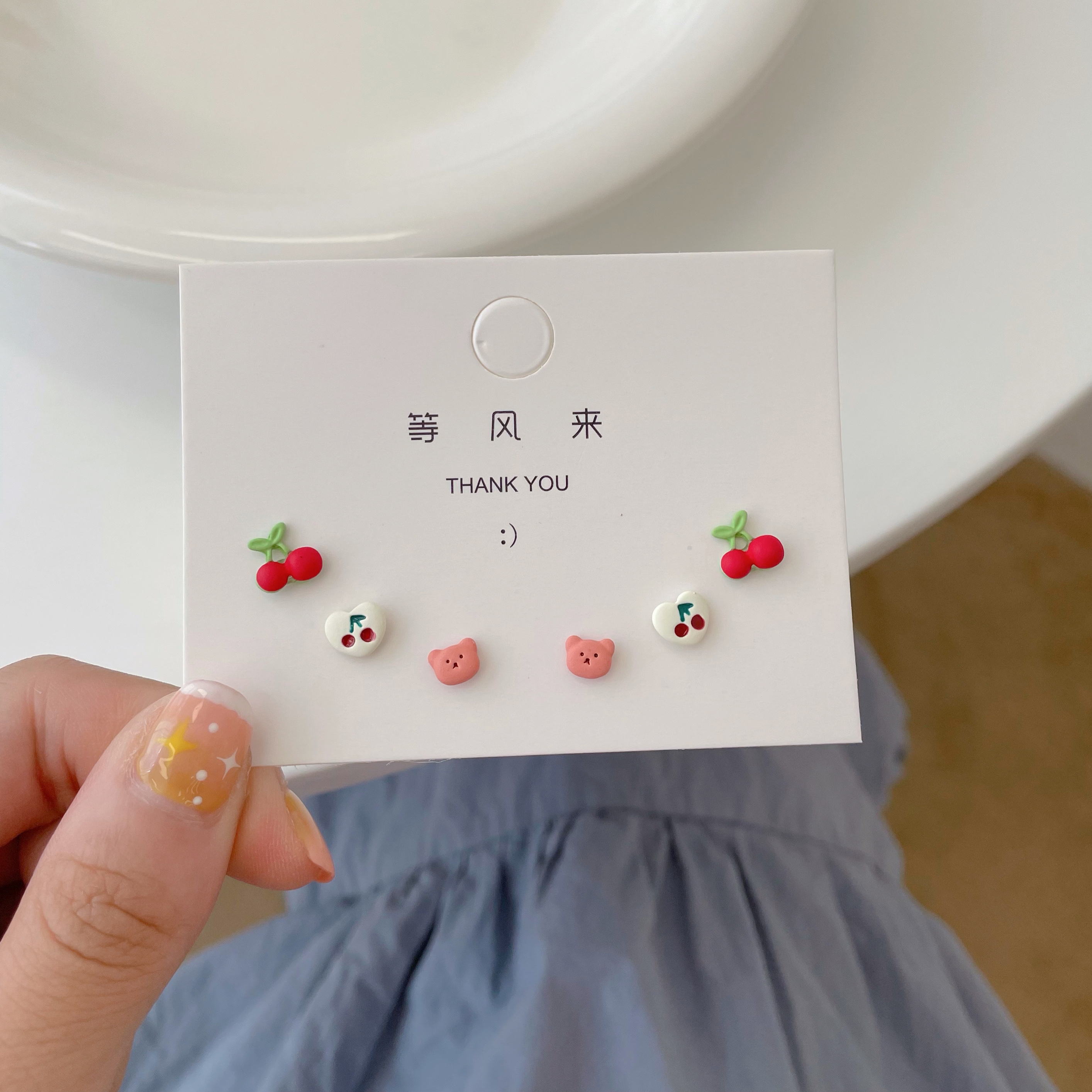 S925 Sterling Silver Needle Cute Cherry Bear Stud Earrings Set for Summer 2021, trendy, small and exquisite student earrings