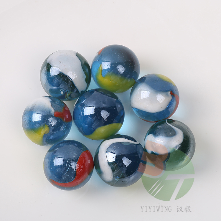20粒25mm天兰外花玻璃球 2.5厘米透明彩色湖蓝绕花弹珠 2.5cm彩色玻璃珠跳棋子 鱼缸装饰圆球怀旧玩具蛋子批发