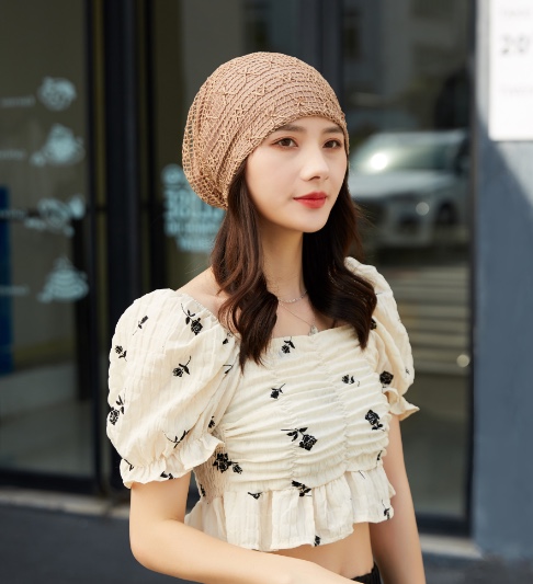 "Hat Girl Spring and Autumn Korean Lace Flower headscarf Hat, fashionable, casual and versatile headscarf hat, bald hat, thin postpartum hat 010. Application Scenario