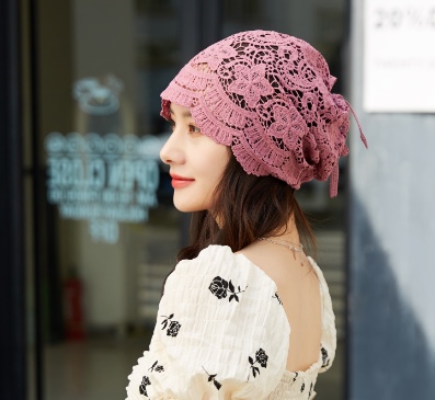 "Hat Girl Spring and Autumn Korean Lace Flower Headscarf Hat, fashionable, casual and versatile headscarf hat, bald hat, thin postpartum hat 006. detail image 3