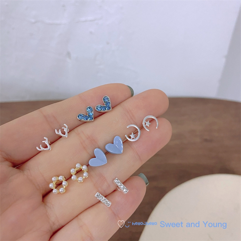 6 pairs of 925 silver needle summer fresh and versatile diamond-encrusted light blue heart-shaped pearl stud earrings set simple earrings
