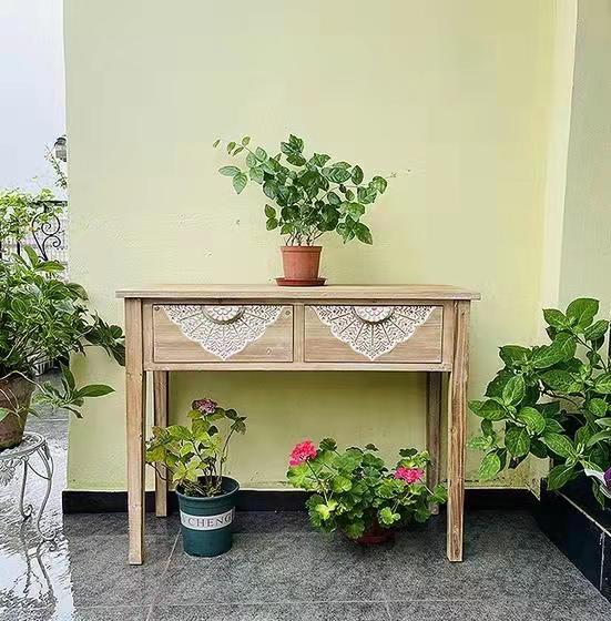 American country, retro French carved long table, flower stand, balcony, garden, courtyard, terrace, indoor and outdoor, entrance hall details Picture