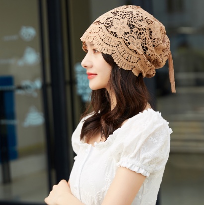"Hat Girl Spring and Autumn Korean Lace Flower Headscarf Hat, fashionable, casual and versatile headscarf hat, bald hat, thin postpartum hat 006.
