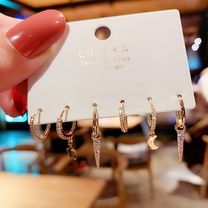 韩国东大门银针微镶星月耳环女气质百搭简约三件套组合套装耳钉女