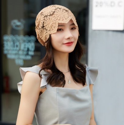 Hat Girl Spring and Autumn Korean lace flower headscarf Hat, fashionable, casual and versatile headscarf hat, bald hat, thin postpartum hat 007