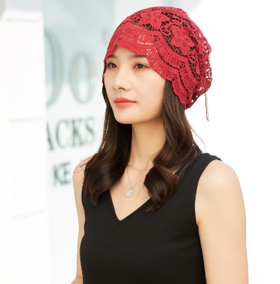 "Hat Girl Spring and Autumn Korean Lace Flower Headscarf Hat, fashionable, casual and versatile headscarf hat, bald hat, thin postpartum hat 006. detail image 5
