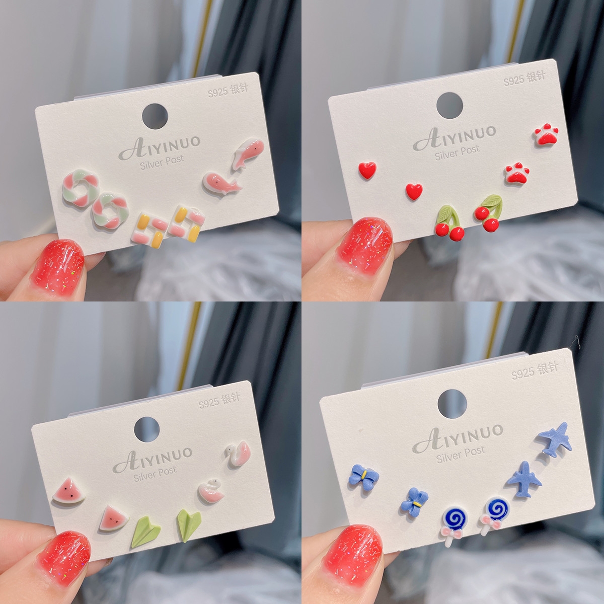 s925 Silver Needle Ceramic Stud Earrings, heart-shaped pearl Stud Earrings, Three-piece set, ins Sweet and fresh student earrings