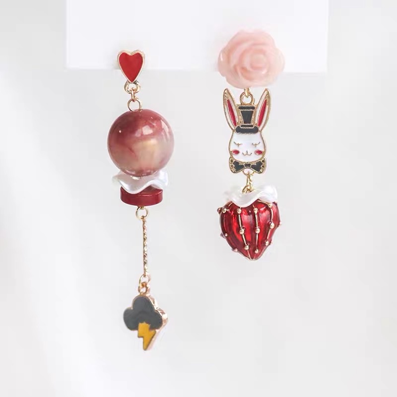 Children's Circus rabbit strawberry sweet and cute Japanese asymmetrical fun earrings details Picture