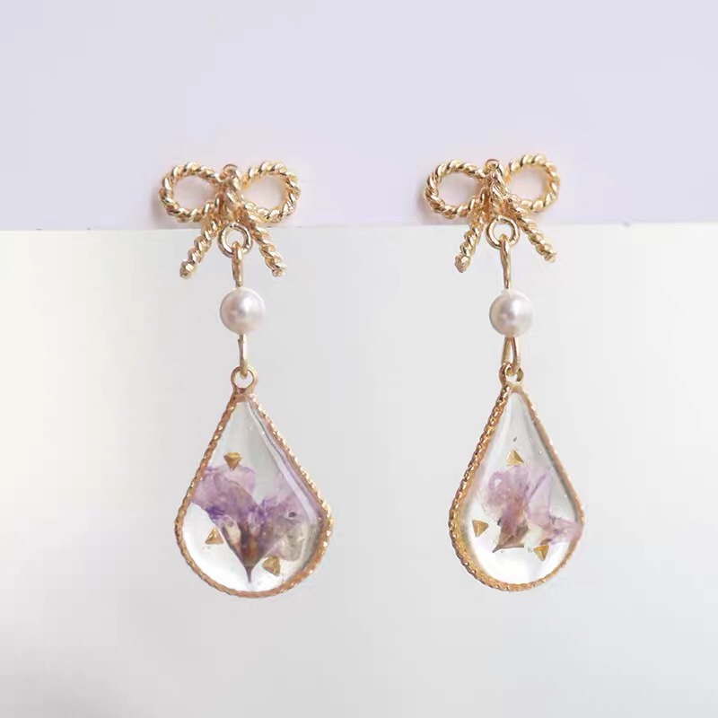 Original design Resin purple dry flower Drop bow Pearl earrings