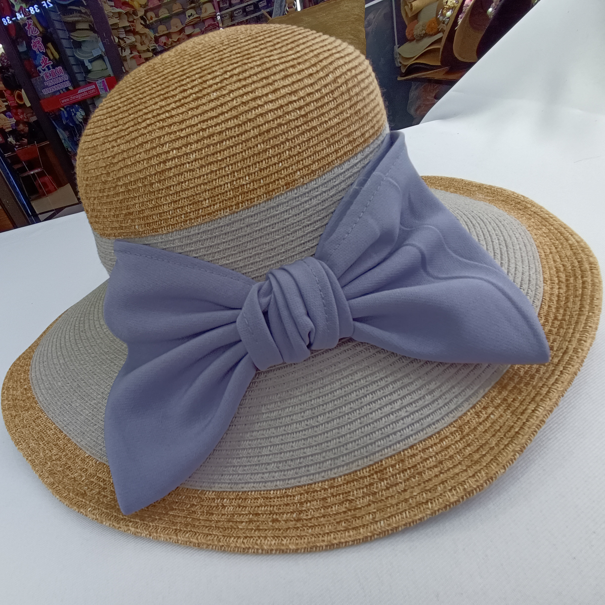 Big Bow Light Blue Straw Hat