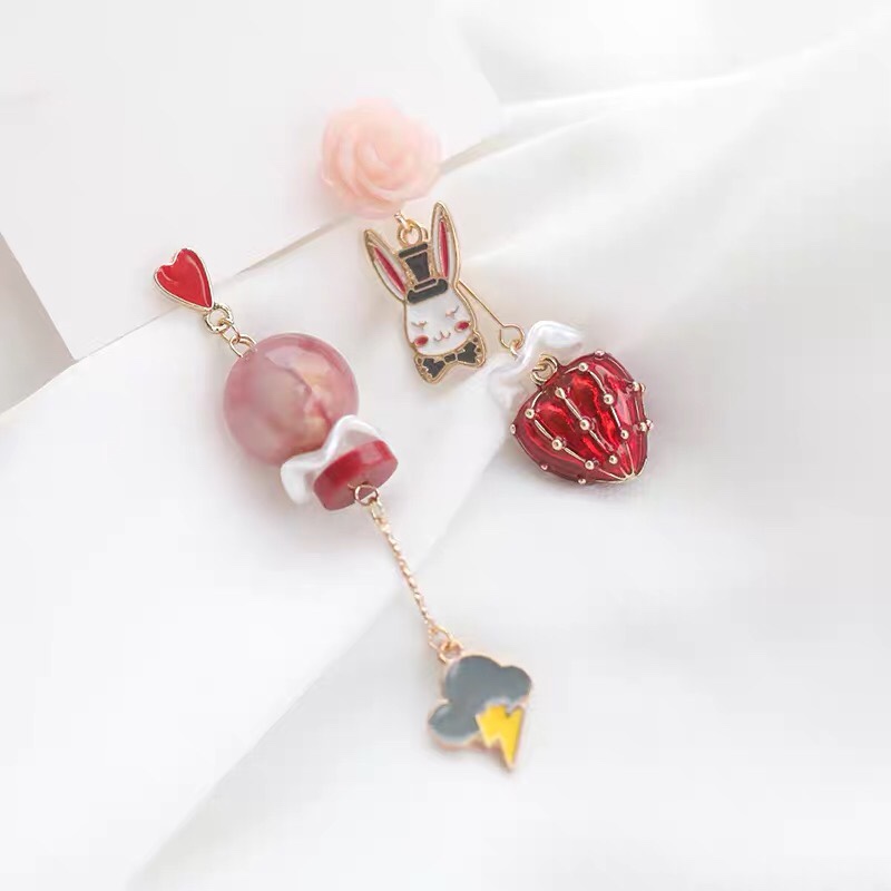 Children's Circus rabbit strawberry sweet and cute Japanese asymmetrical fun earrings