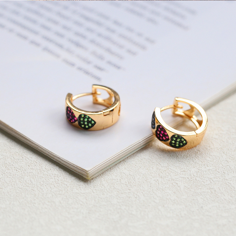 Cross-border brass earrings European and American fashion earrings Hip Hop street color heart 18K gold plated brass zircon earrings