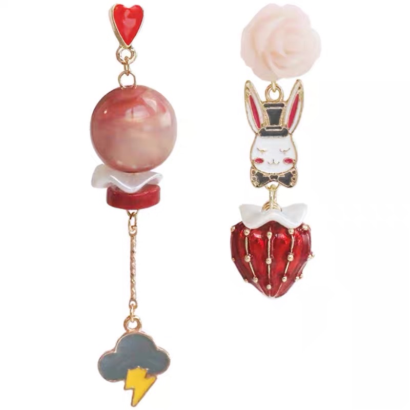Children's Circus rabbit strawberry sweet and cute Japanese asymmetrical fun earrings Item Picture