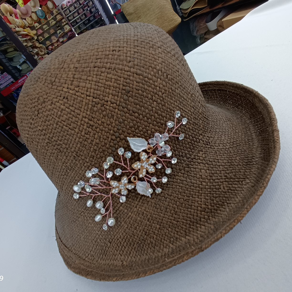 Curly-Trimmed Straw Hat Coffee Color
