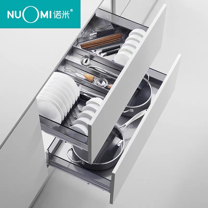 NUOMI/诺米 厨房橱柜拉篮抽屉式加厚304不锈钢双层调味篮碗碟架详情图1