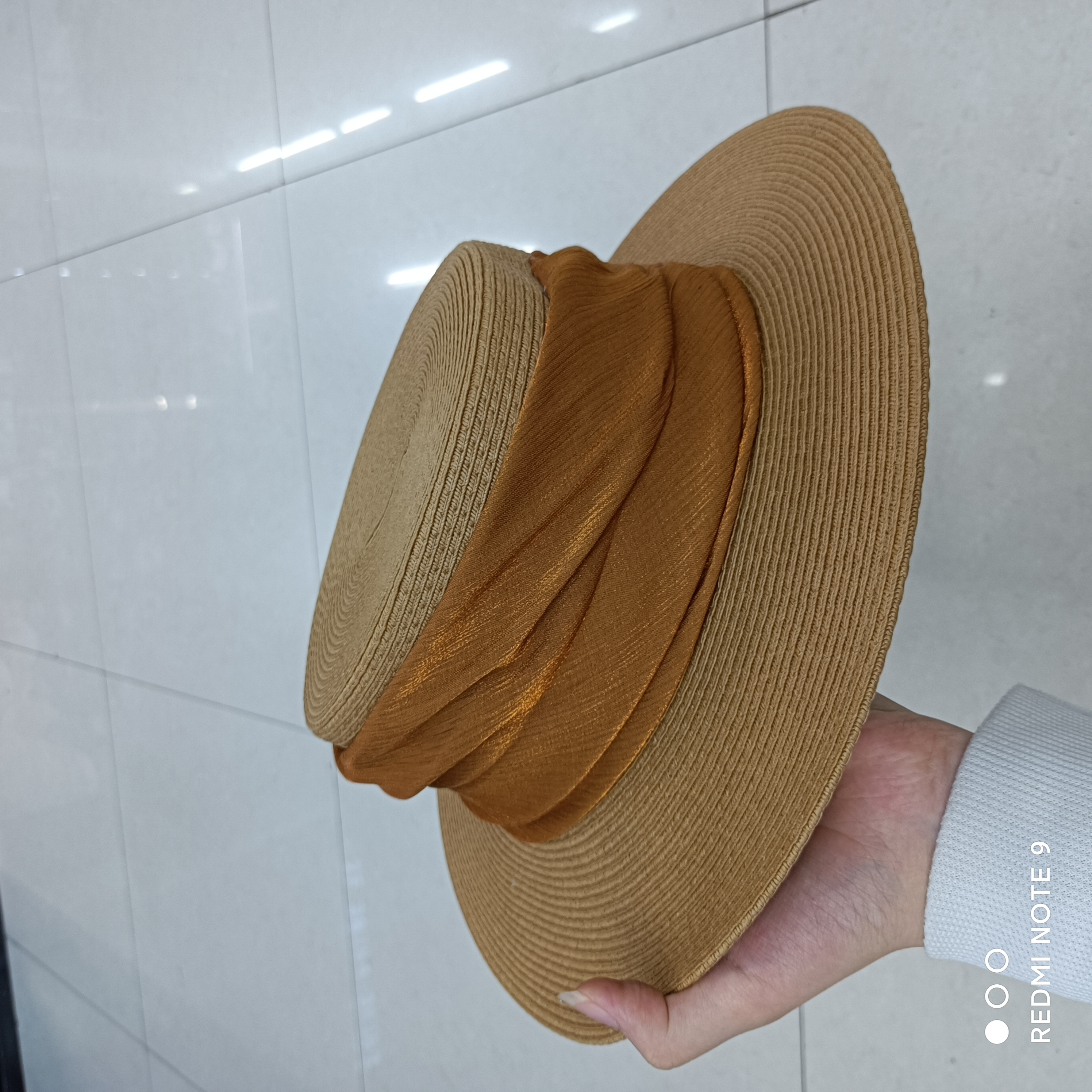 Khaki Flat Hat With Papyrus Ribbon