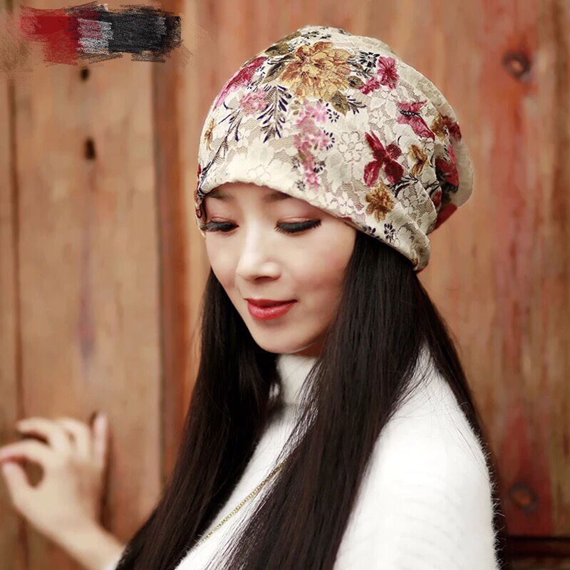 "Hat Girl Spring and Autumn Korean Lace Flower Headscarf Hat, fashionable, casual and versatile headscarf hat, bald hat, thin postpartum hat 015. Item Picture