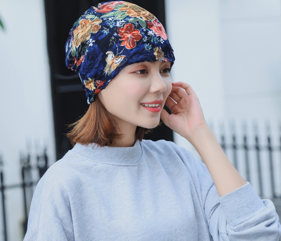 "Hat Girl Spring and Autumn Korean Lace Flower Headscarf Hat, fashionable, casual and versatile headscarf hat, bald hat, thin postpartum hat 015. details Picture