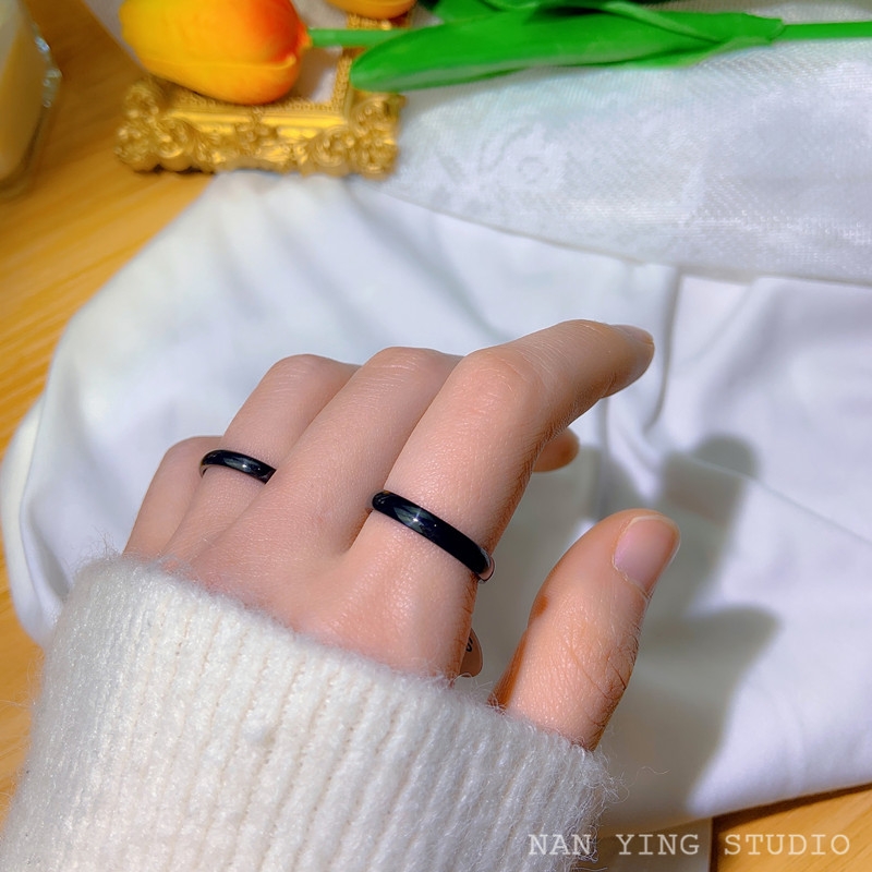 戒指女个性简约百搭基础黑色光面指环情侣食指尾戒冷淡风