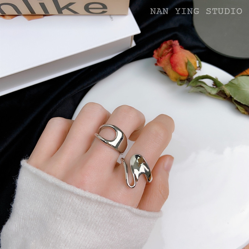 韩国小众冷淡风弧形波浪扭曲异形戒指食指开口指环可调节图