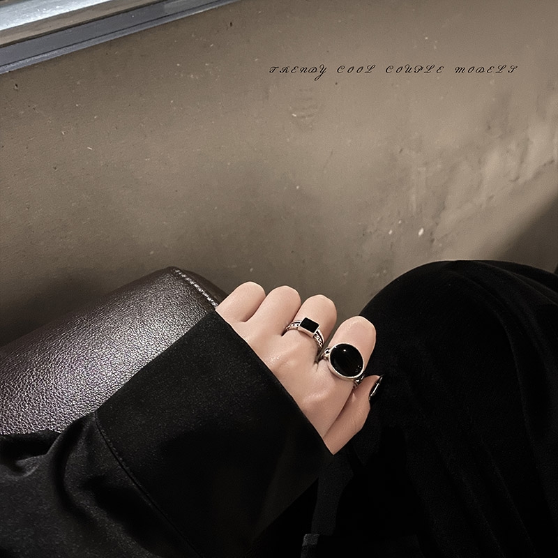 Geometric square and circle double-layer two-piece mirror-polished ring set, trendy Korean hip-hop disco retro open ring ring