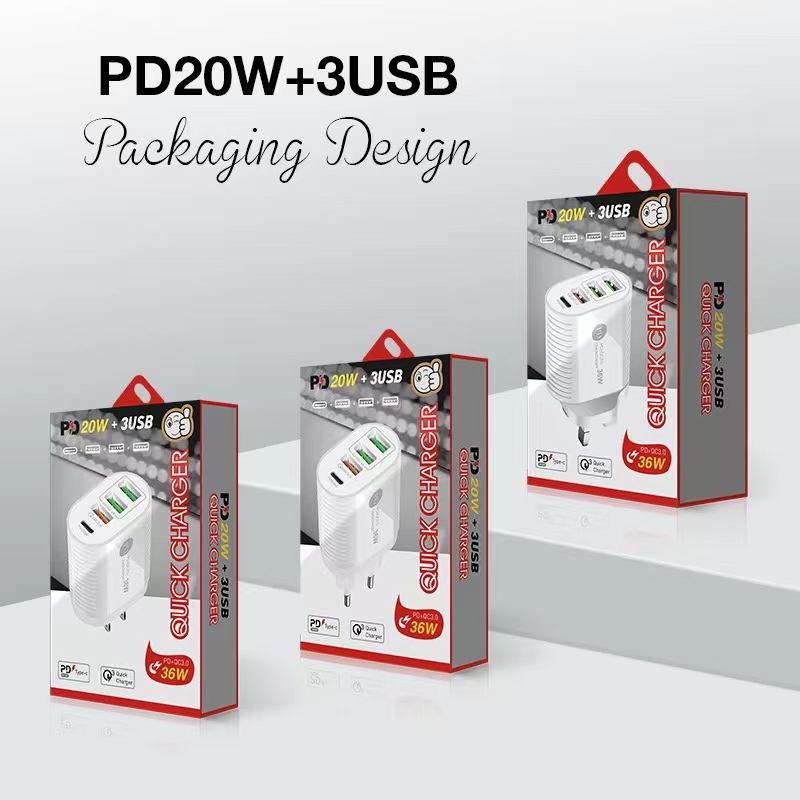 PD20W带3USB外贸热销高端充电器适用华为三星扁头快充
