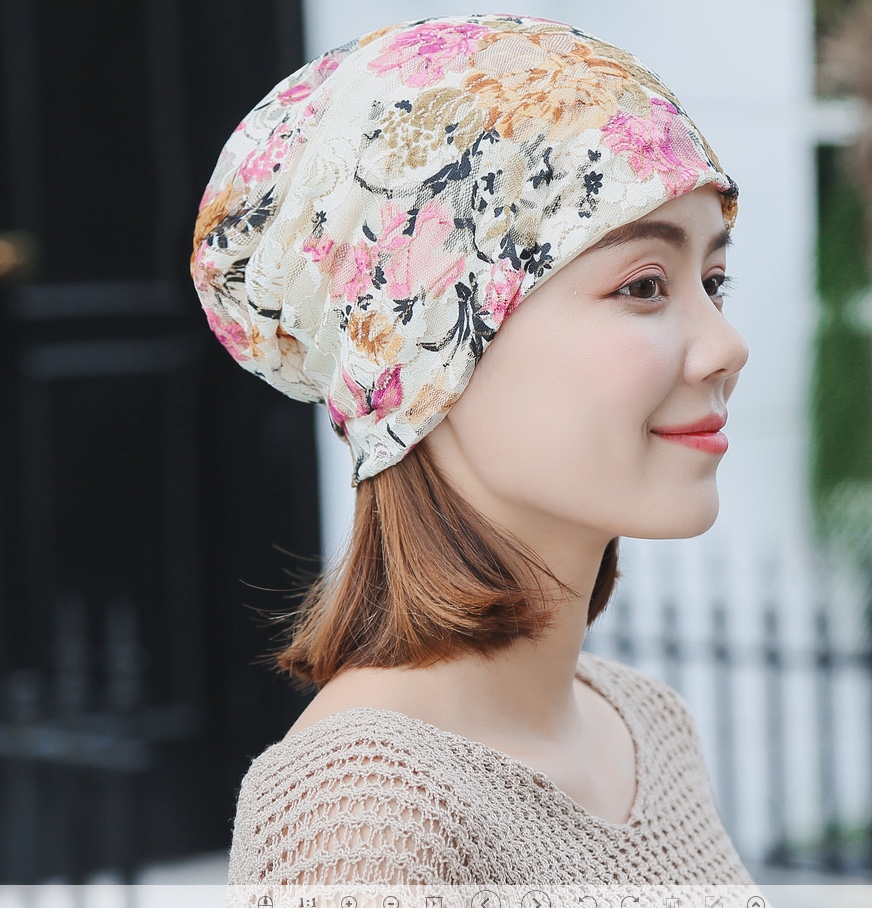 "Hat Girl Spring and Autumn Korean Lace Flower Headscarf Hat, fashionable, casual and versatile headscarf hat, bald hat, thin postpartum hat 015. Specification image