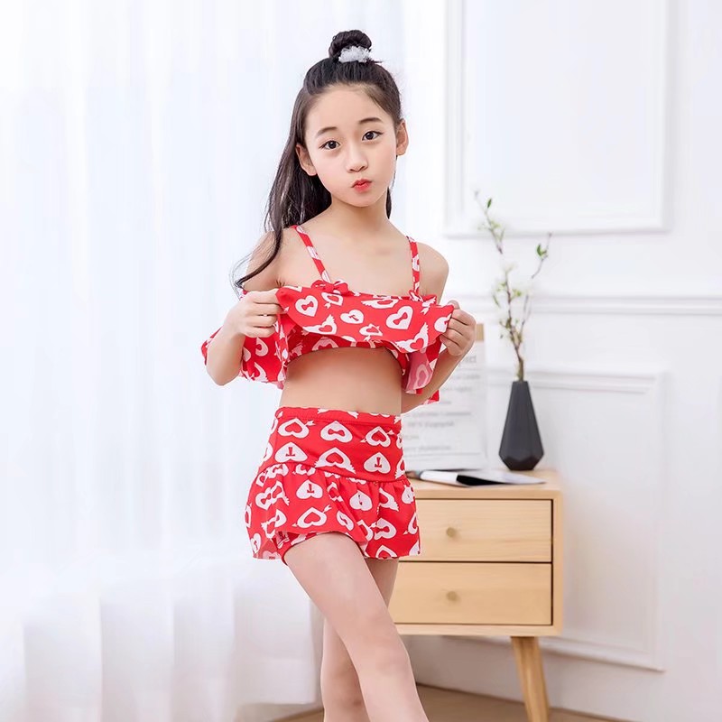 Cute Little Peach Heart, Off-The-Shoulder Suit, Can Double Wear Children's Swimsuit Bath details Picture