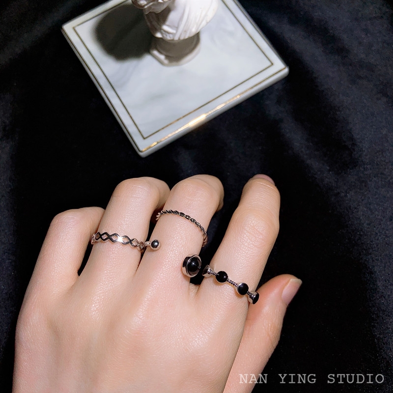 戒指女个性ins复古组合套装指环开口食指关节戒尾戒黑色