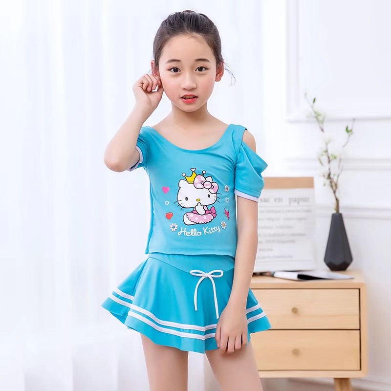 露肩款带袖儿童泳衣，卡通图运动款女童泳衣