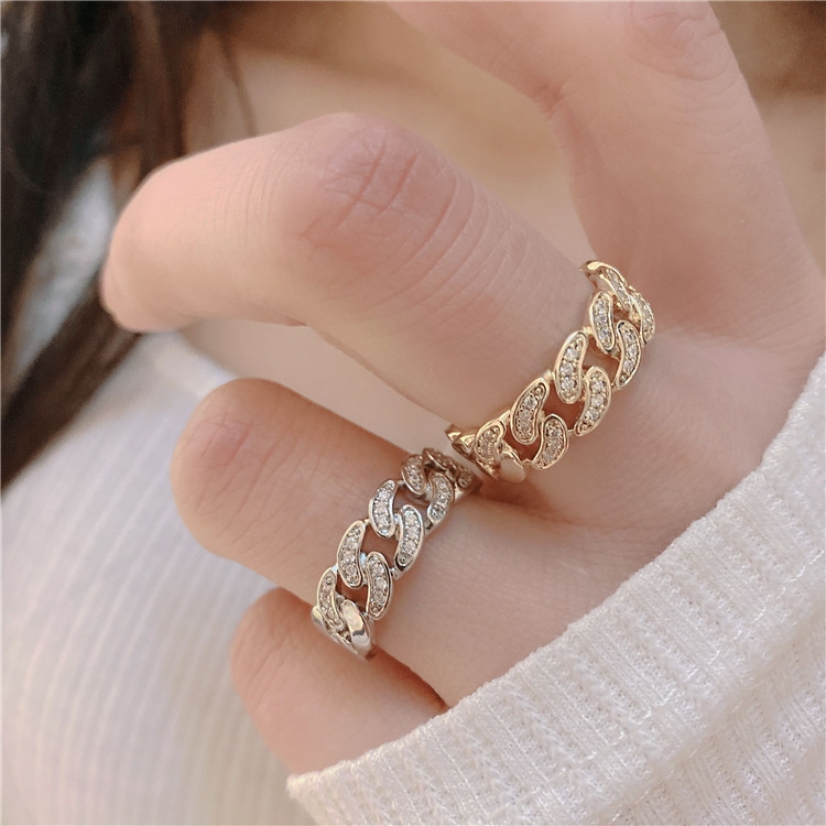 Star-style diamond-encrusted Cuban chain ring, men's trendy hip-hop Instagram cold style single index finger ring, women's high-end feel