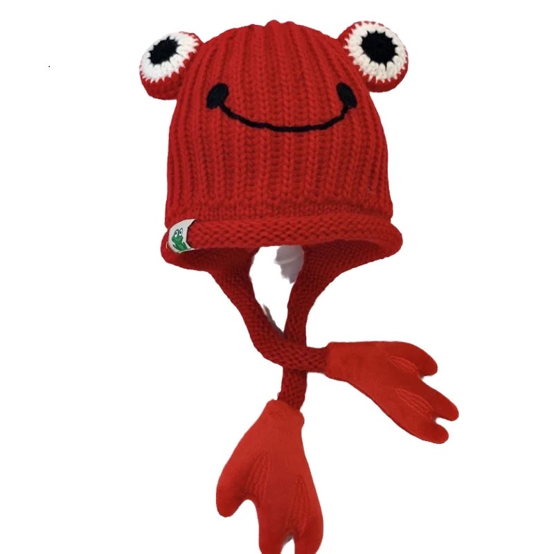 秋冬新款儿童帽子超萌男童女童针织帽双层保暖加厚可爱青蛙护耳白底实物图