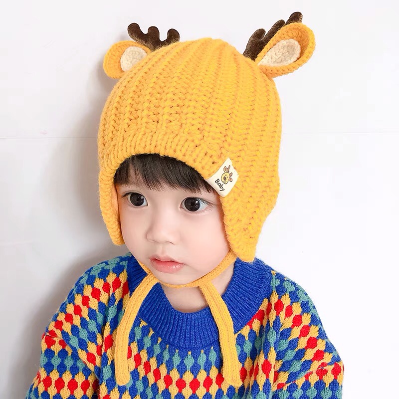 宝宝帽子秋冬季婴儿毛线帽可爱小鹿角护耳保暖男童女童针织帽儿童图