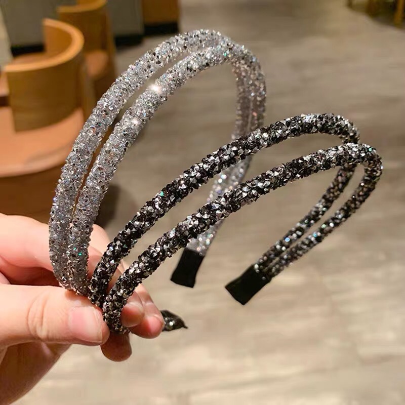 网红爆款流行时尚双条钻管穿头箍手工包头密钻滚胶漂亮小发卡韩国新款双根满水钻防滑发箍女士韩版发饰个性复古简约水晶细头箍 