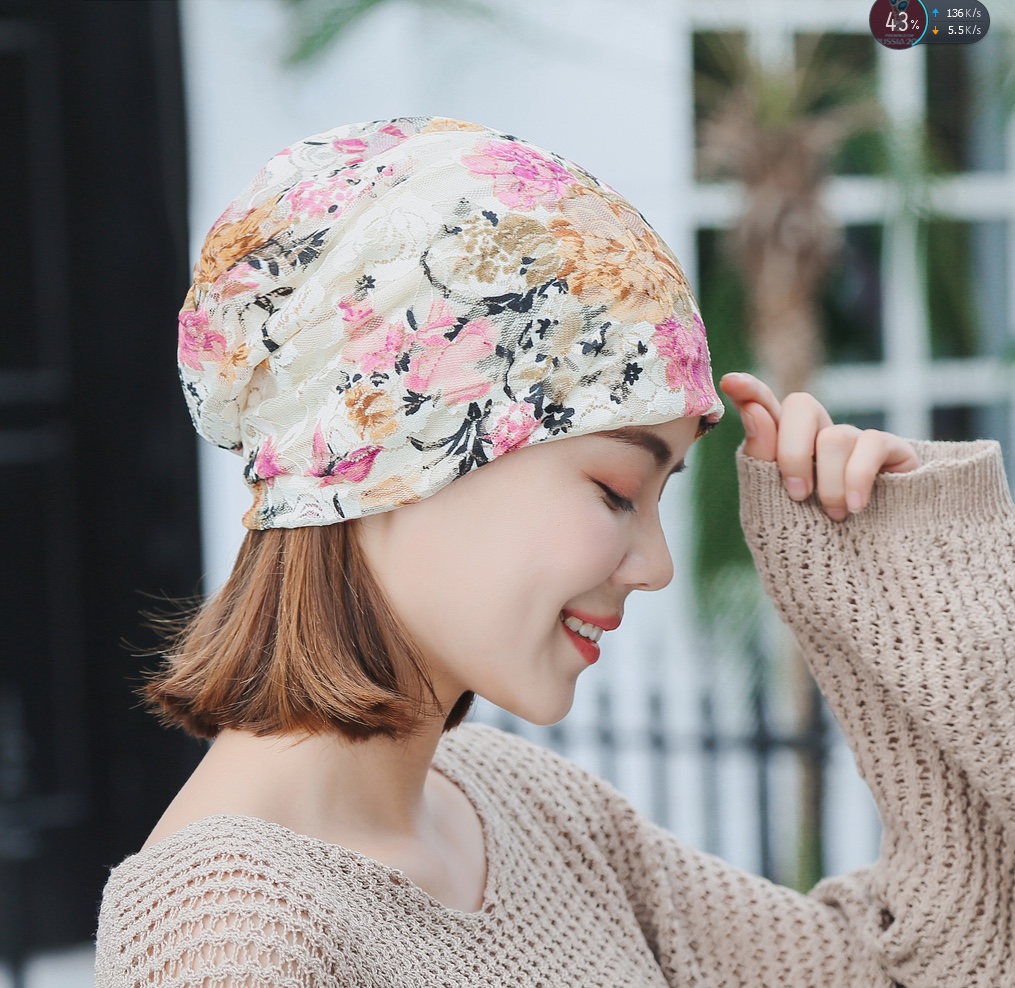 "Hat Girl Spring and Autumn Korean Lace Flower Headscarf Hat, fashionable, casual and versatile headscarf hat, bald hat, thin postpartum hat 015. detail image 7