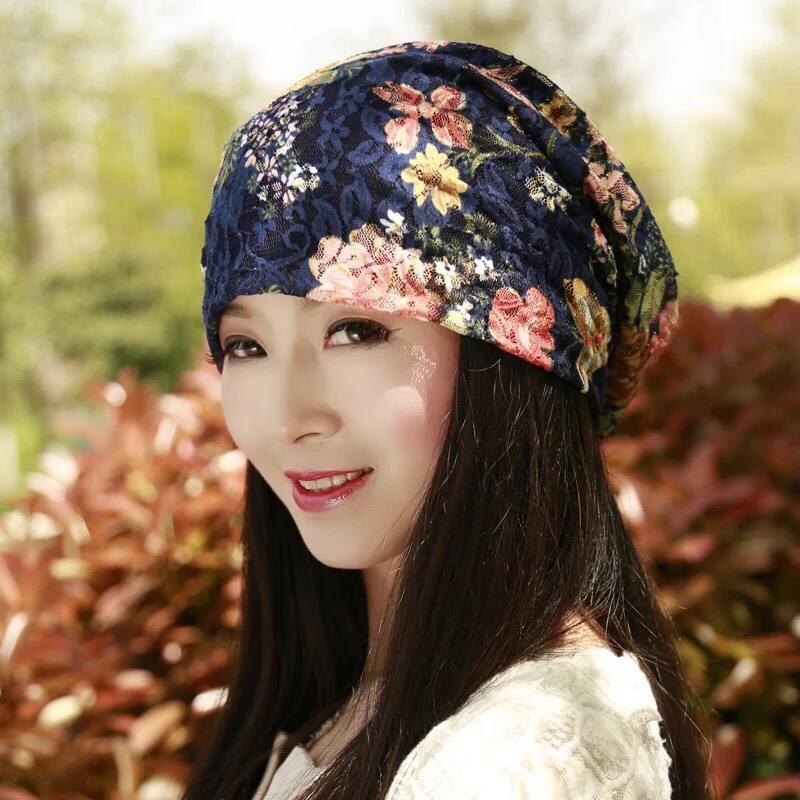 "Hat Girl Spring and Autumn Korean Lace Flower Headscarf Hat, fashionable, casual and versatile headscarf hat, bald hat, thin postpartum hat 015. detail image 1