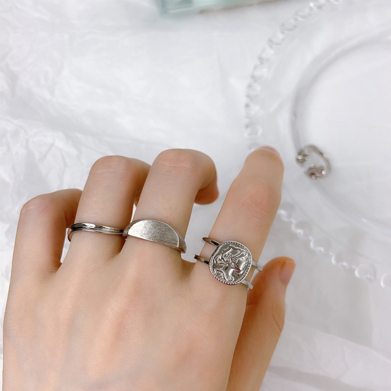 韩国组合冷淡风复古人像戒指女小众配饰纹理褶皱开口指环